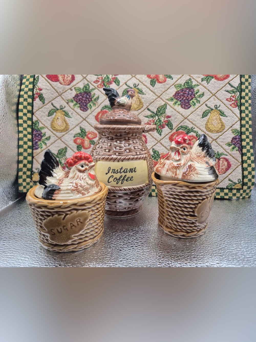 Vintage MCM Chicken Kitchen Decor Retro Basket Weave Coffee Jars Set by Rossini
